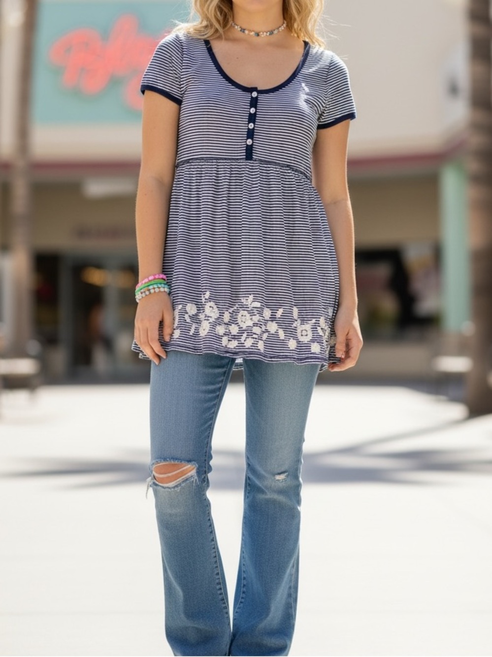 VTG Abercrombie & Fitch Y2K 90s Striped Henley Babydoll Tunic Top Floral Lace M